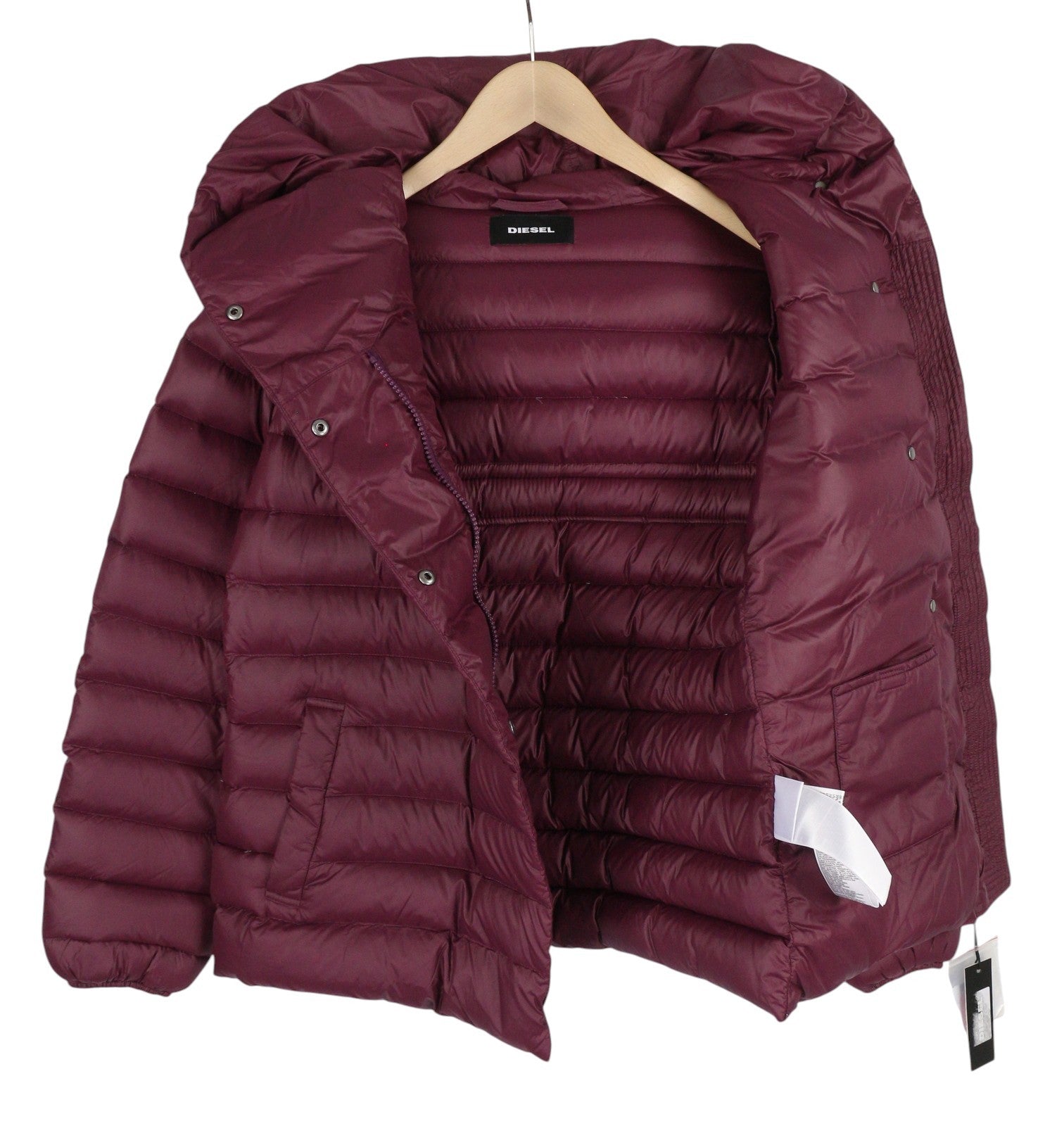 DIESEL Women Jacket S Burgundy Hooded Down Insulated Full Zip Snap Button Puffer