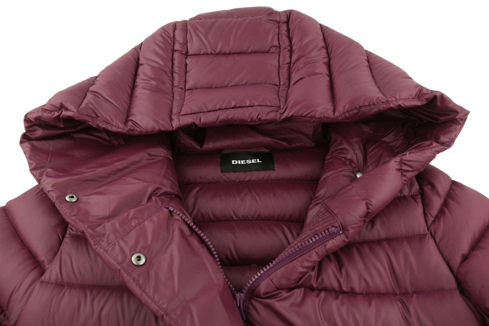 DIESEL Women Jacket S Burgundy Hooded Down Insulated Full Zip Snap Button Puffer