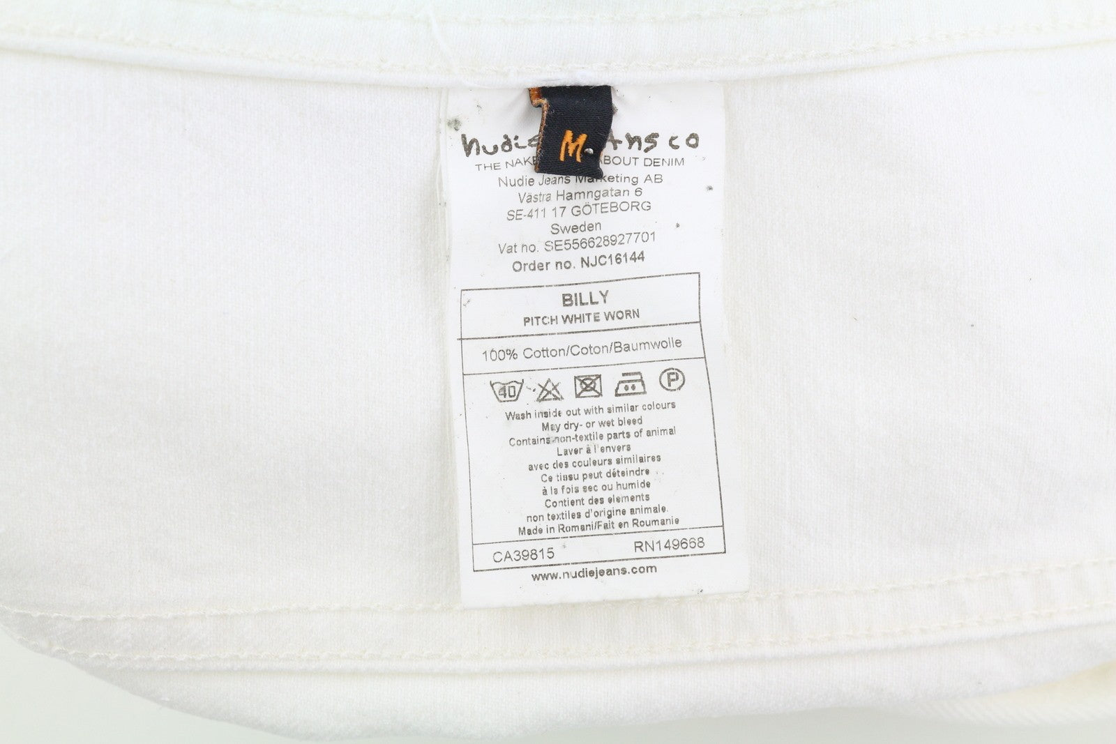 NUDIE JEANS Billy Men Jacket M Pitch White Worn Denim Buttoned  Neck Logo