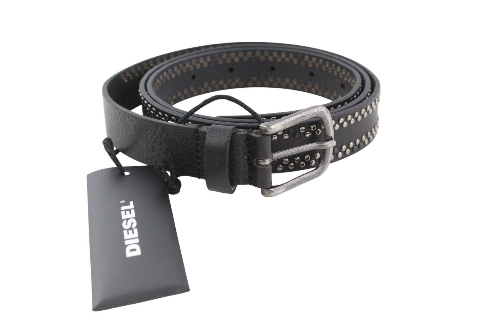 DIESEL B-Inary Men Belt 100 CM Black Leather Silver Tone Details Buckle RRP200