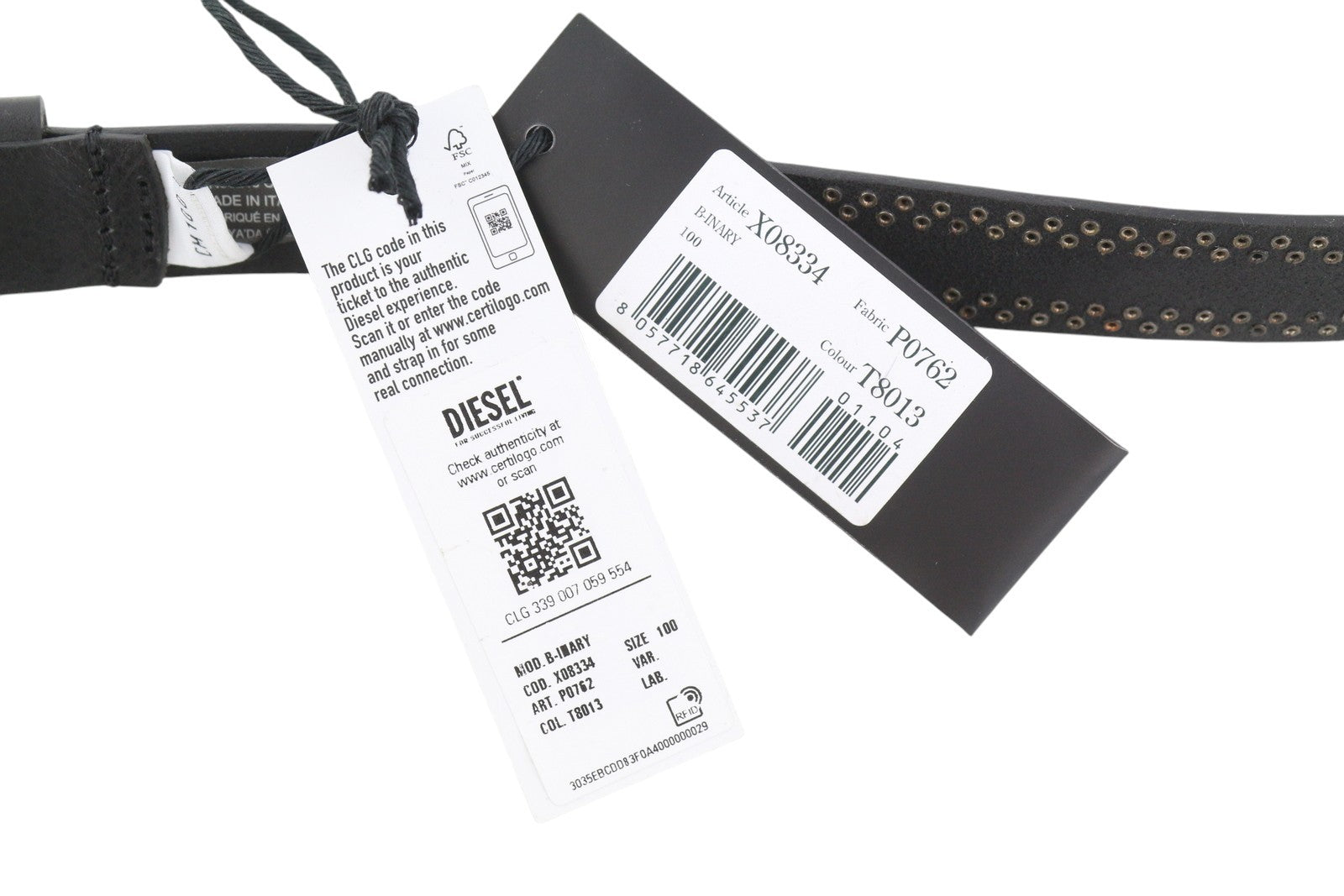 DIESEL B-Inary Men Belt 100 CM Black Leather Silver Tone Details Buckle RRP200