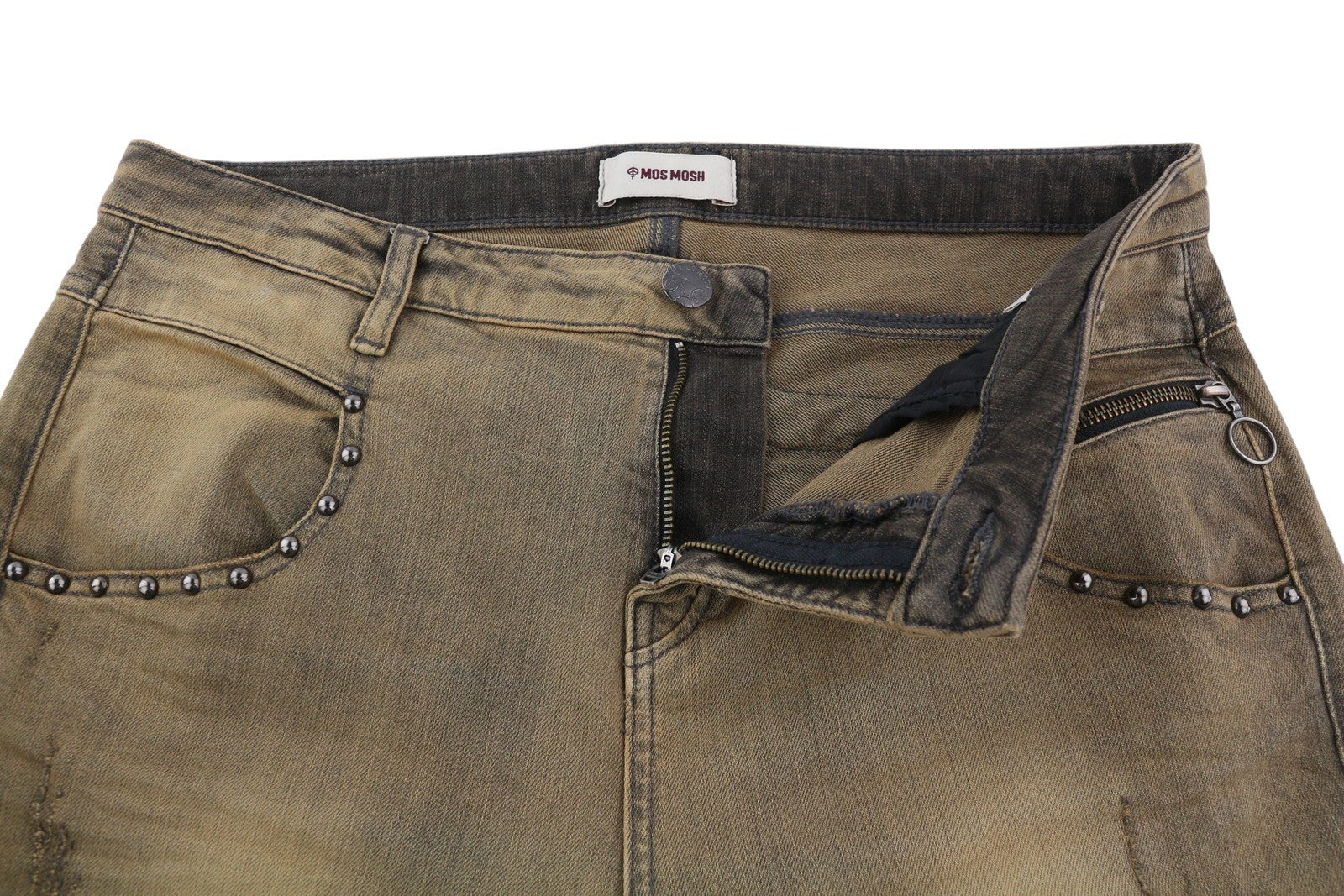 MOS MOSH Naomi Women Jeans W32 Brown Denim Washed Distress Ripped Zip Fly Slim