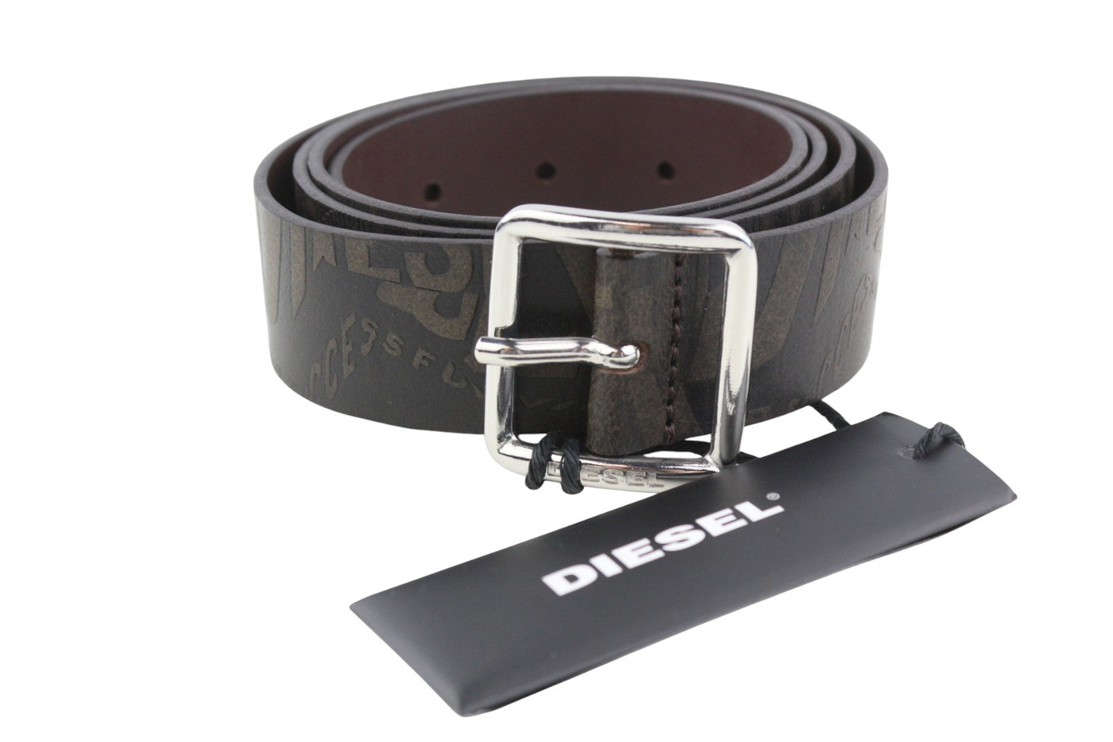 DIESEL B-Billover Men Belt 105CM Brown Leather Printed Silver Tone Buckle Dark