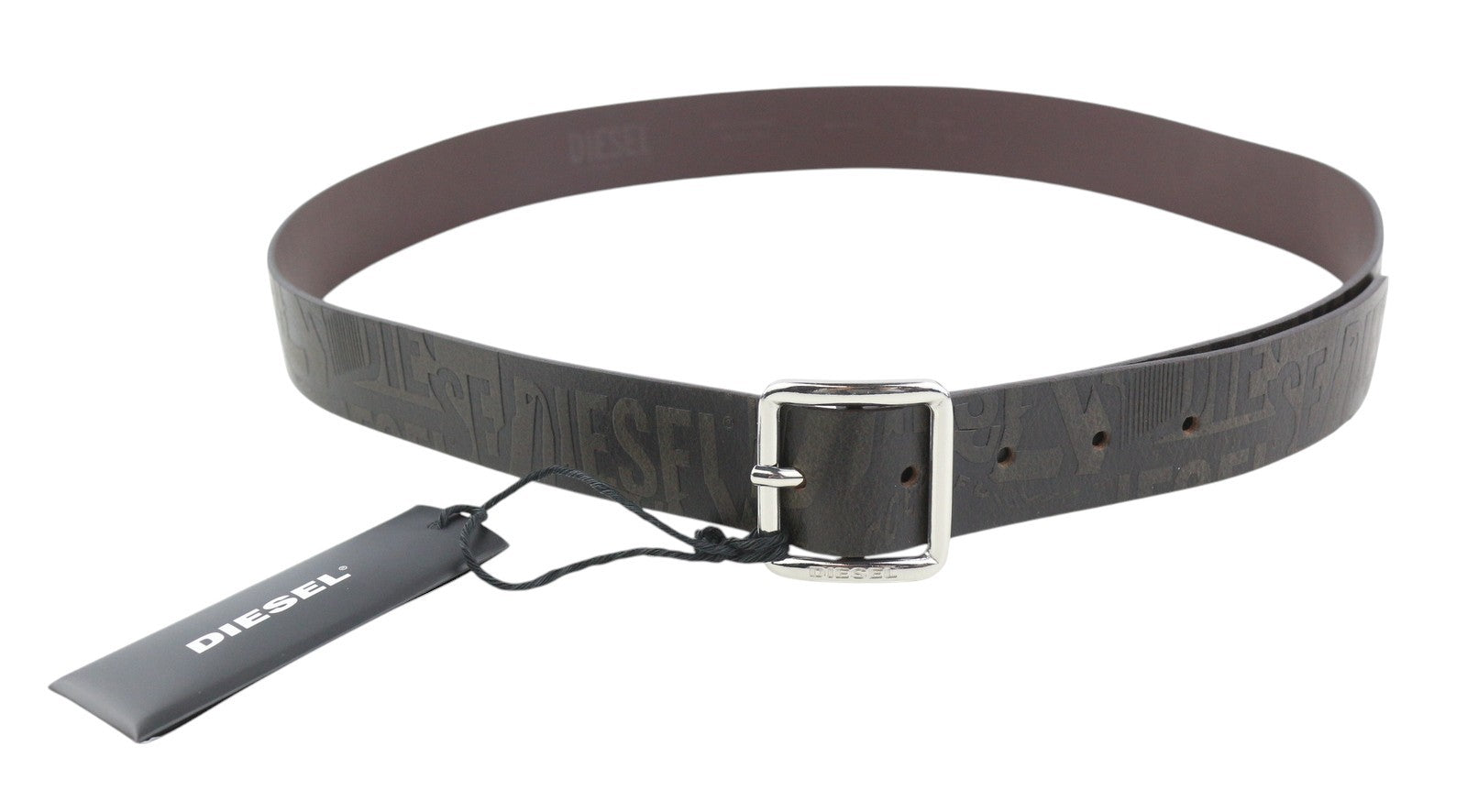 DIESEL B-Billover Men Belt 105CM Brown Leather Printed Silver Tone Buckle Dark