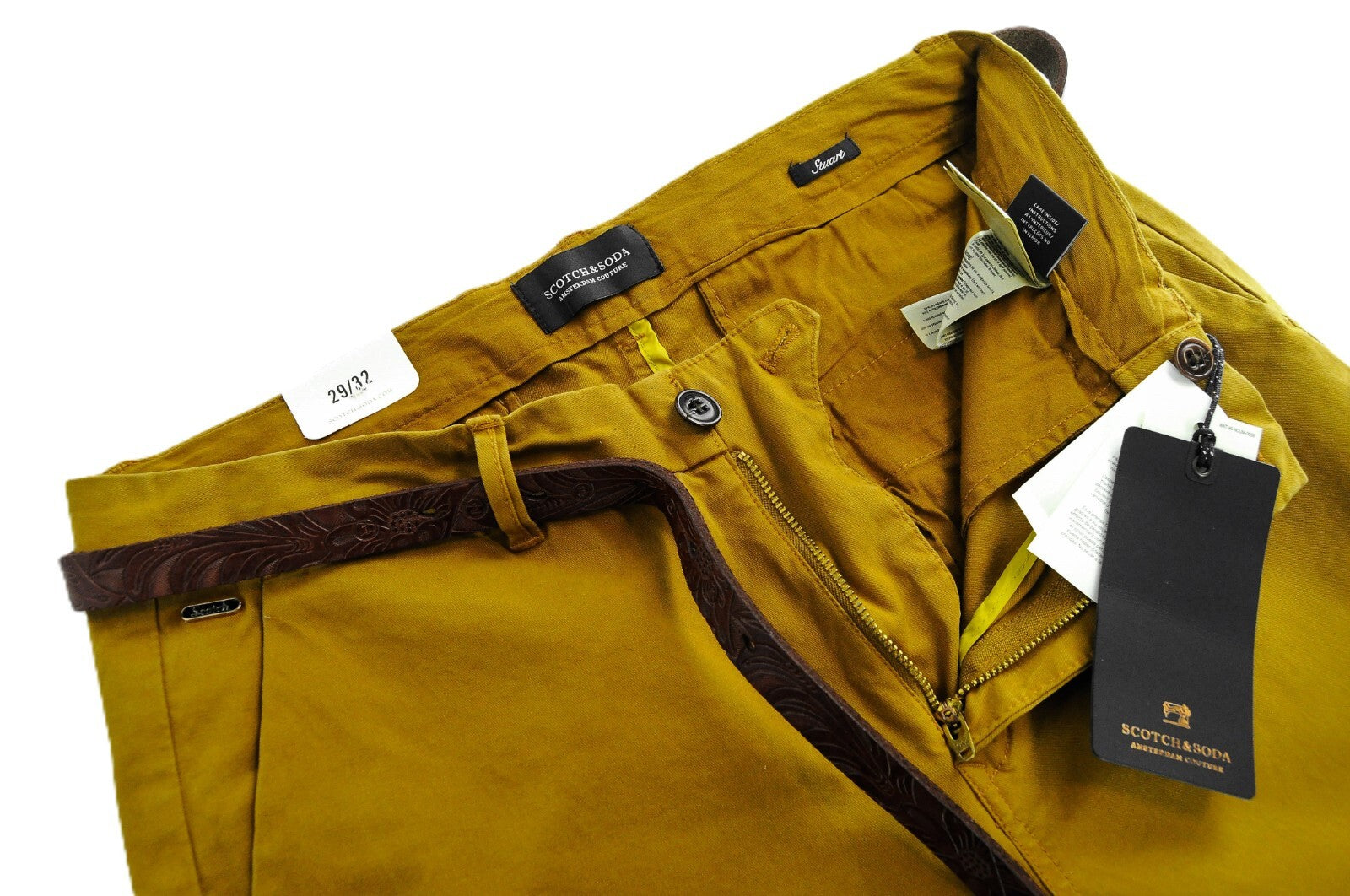 SCOTCH & SODA Stuart Men's Slim Fit Trousers W29/L32 Brown Belted Cotton Stretch