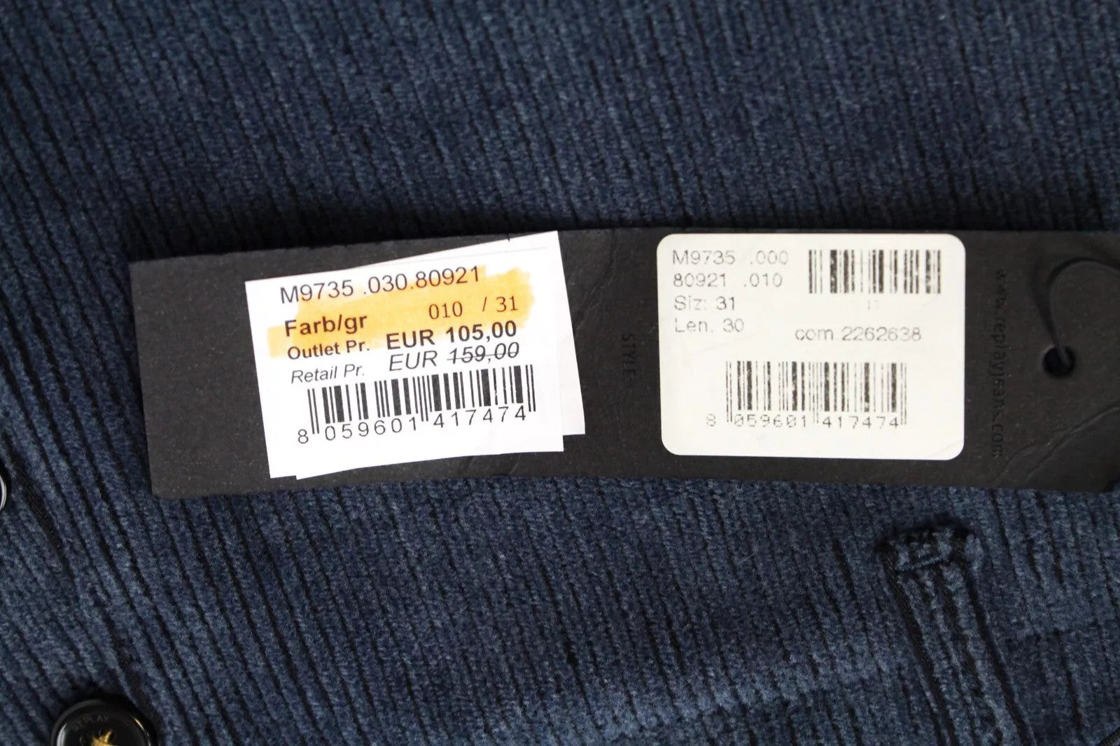 REPLAY Men's Trousers W31/L30 Corduroy Straight Fit Patched Back Pocket Fly