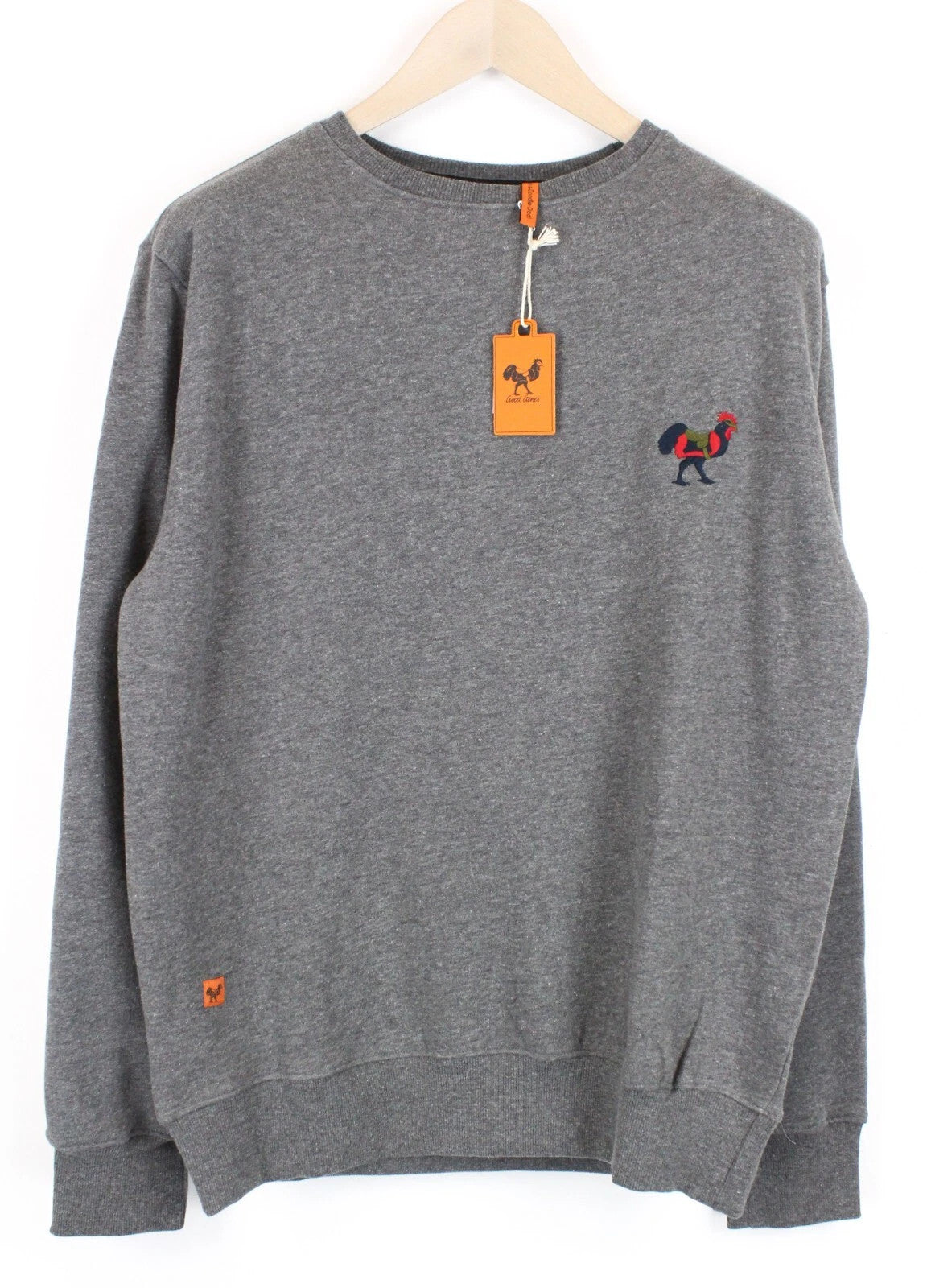 GOOD GENES Men's Sweatshirt M Embroidered Rooster Grey Logo Crew Neck Pullover