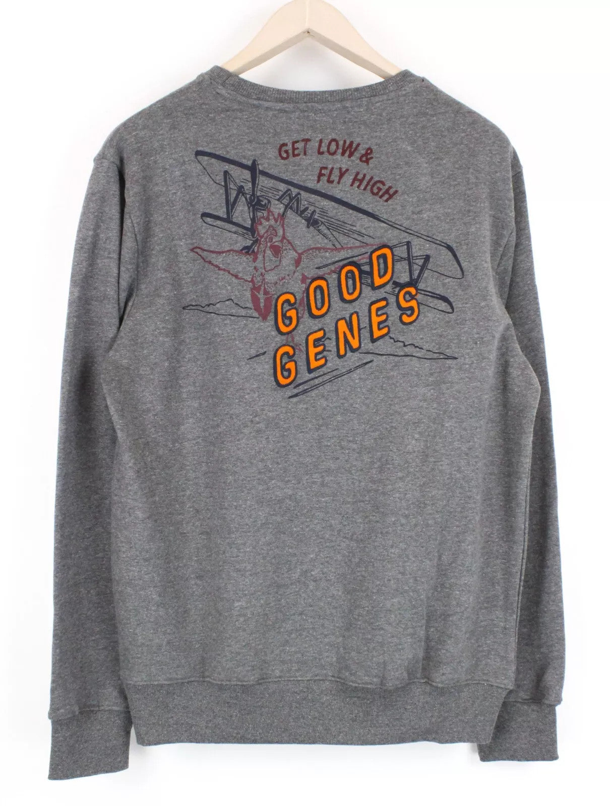 GOOD GENES Men's Sweatshirt M Embroidered Rooster Grey Logo Crew Neck Pullover