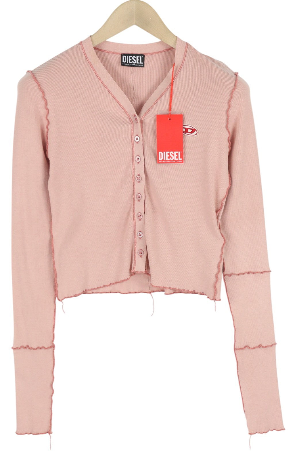 DIESEL T-Ribby-Open Women T-Shirt XL Pink Long Sleeve Buttoned Cropped RRP€150