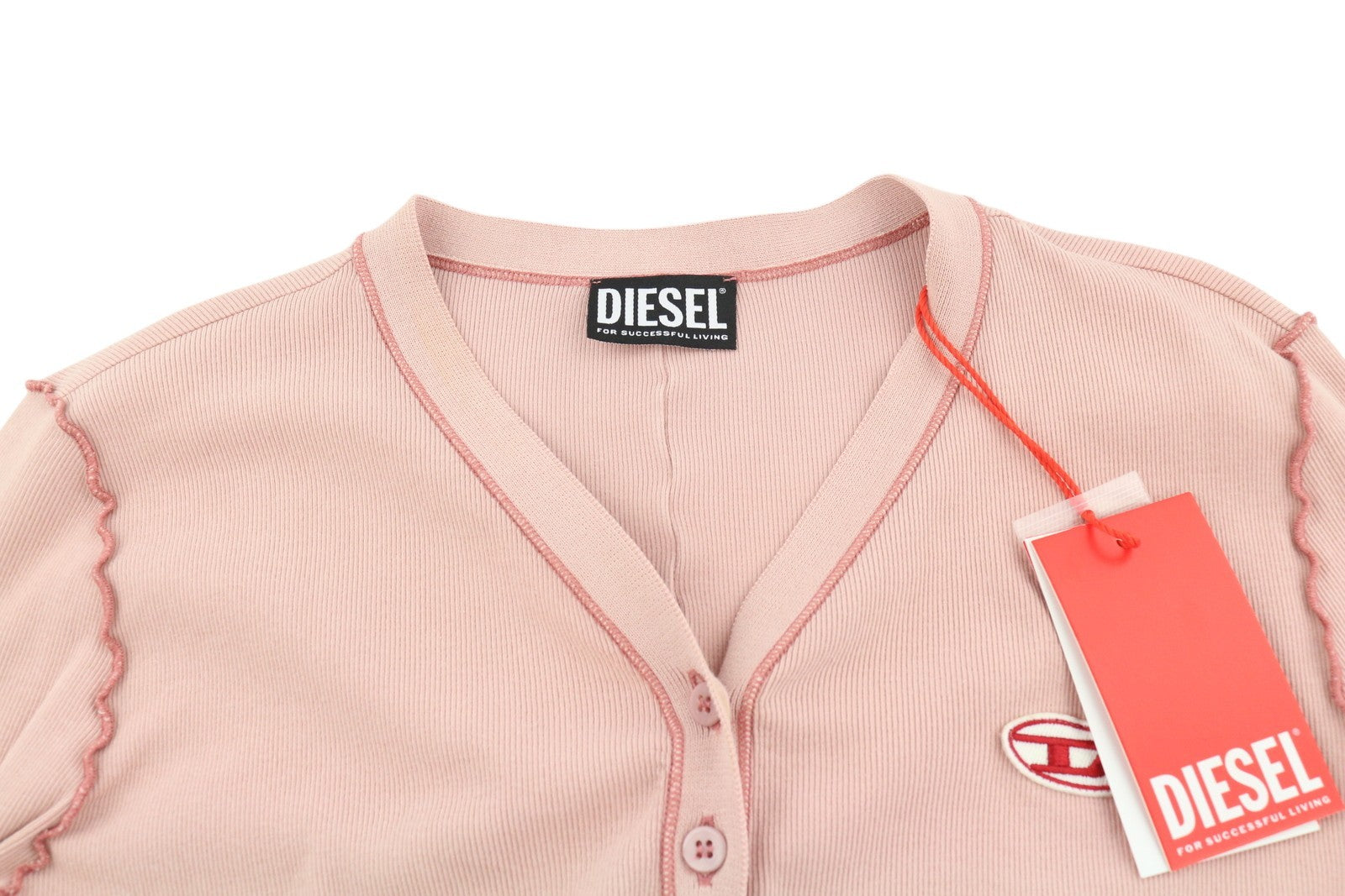 DIESEL T-Ribby-Open Women T-Shirt XL Pink Long Sleeve Buttoned Cropped RRP€150