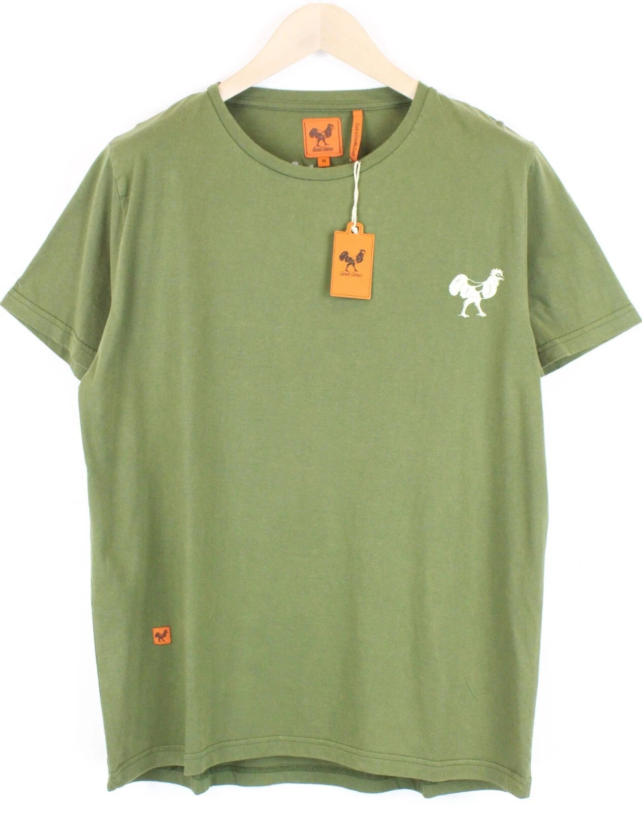 GOOD GENES Men's T-Shirt M Rooster Print Khaki Green Pure Cotton Crew Neck