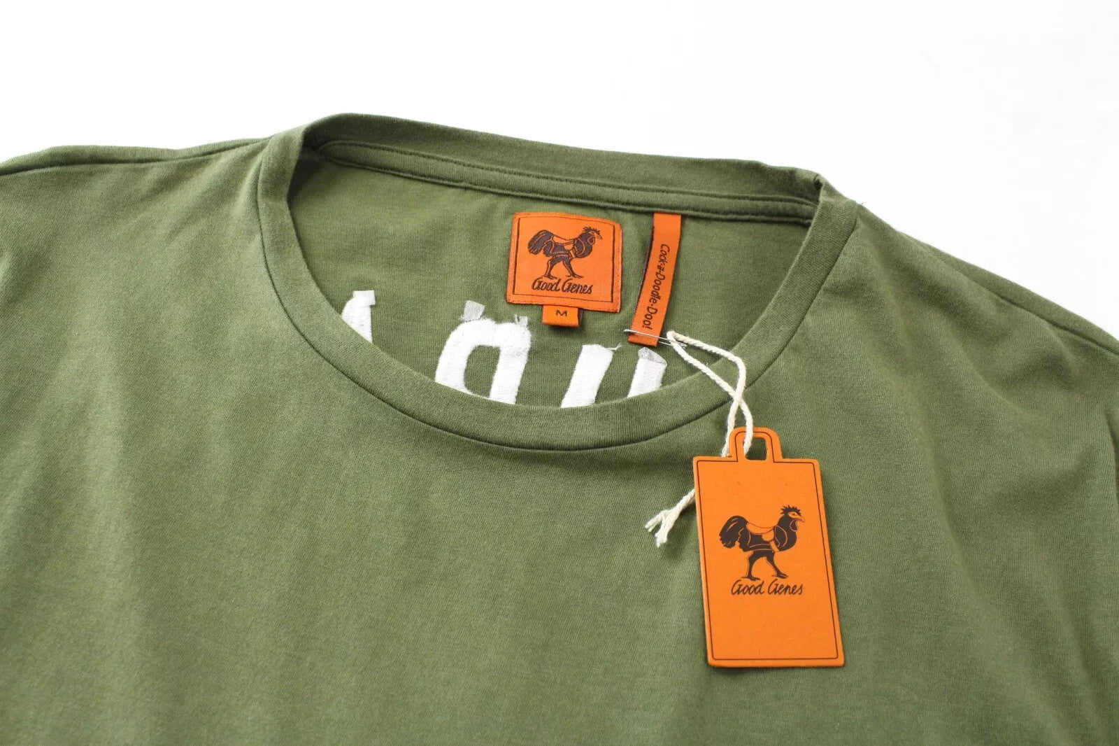 GOOD GENES Men's T-Shirt M Rooster Print Khaki Green Pure Cotton Crew Neck
