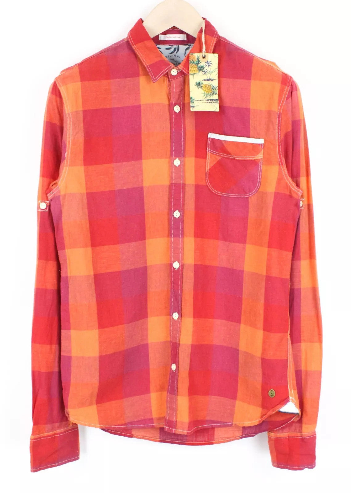 SCOTCH & SODA Men's Shirt S Checked Linen Cotton Blend Bright Welt Pocket Top