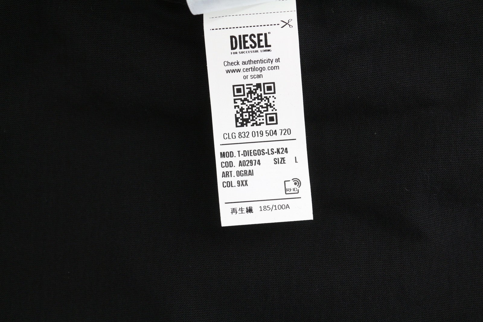 DIESEL T-Diegos-LS-K24 Men T-Shirt L Black Long Sleeve Crew Neck Cotton RRP€80