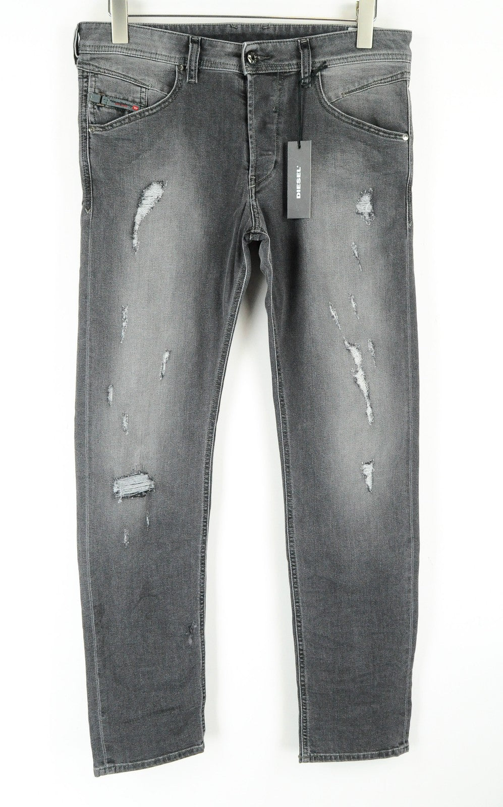 DIESEL Belther 0673P Men's Grey Ripped Tapered Jeans W31/L32 Cotton Stretch