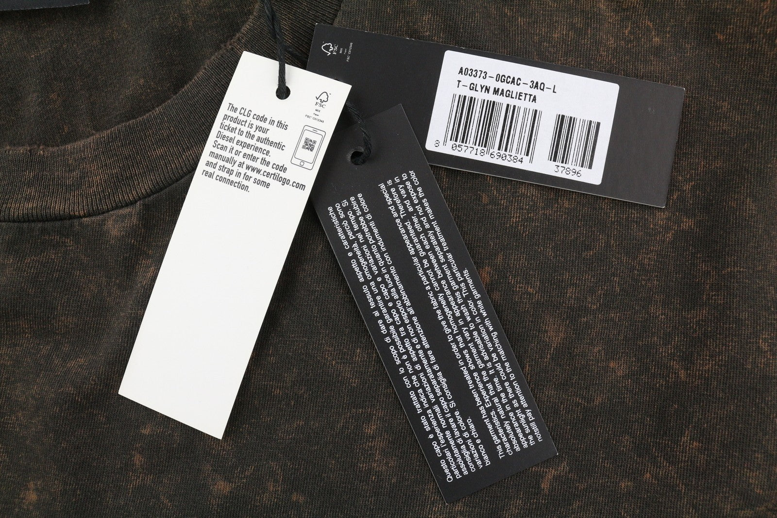 DIESEL T-Glyn Men T-Shirt L Brown Washed Effect Distress Hem Long Sleeve RRP€125