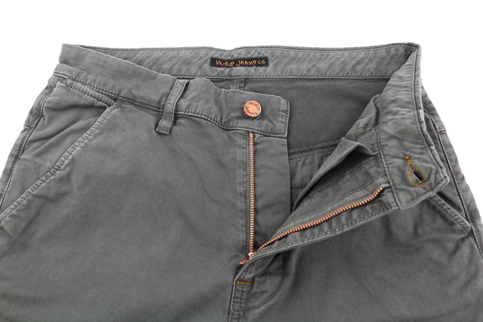 NUDIE JEANS Khaki Slim Men Trousers W29/L32 Shadow Wash Organic Zipper Chino Mid