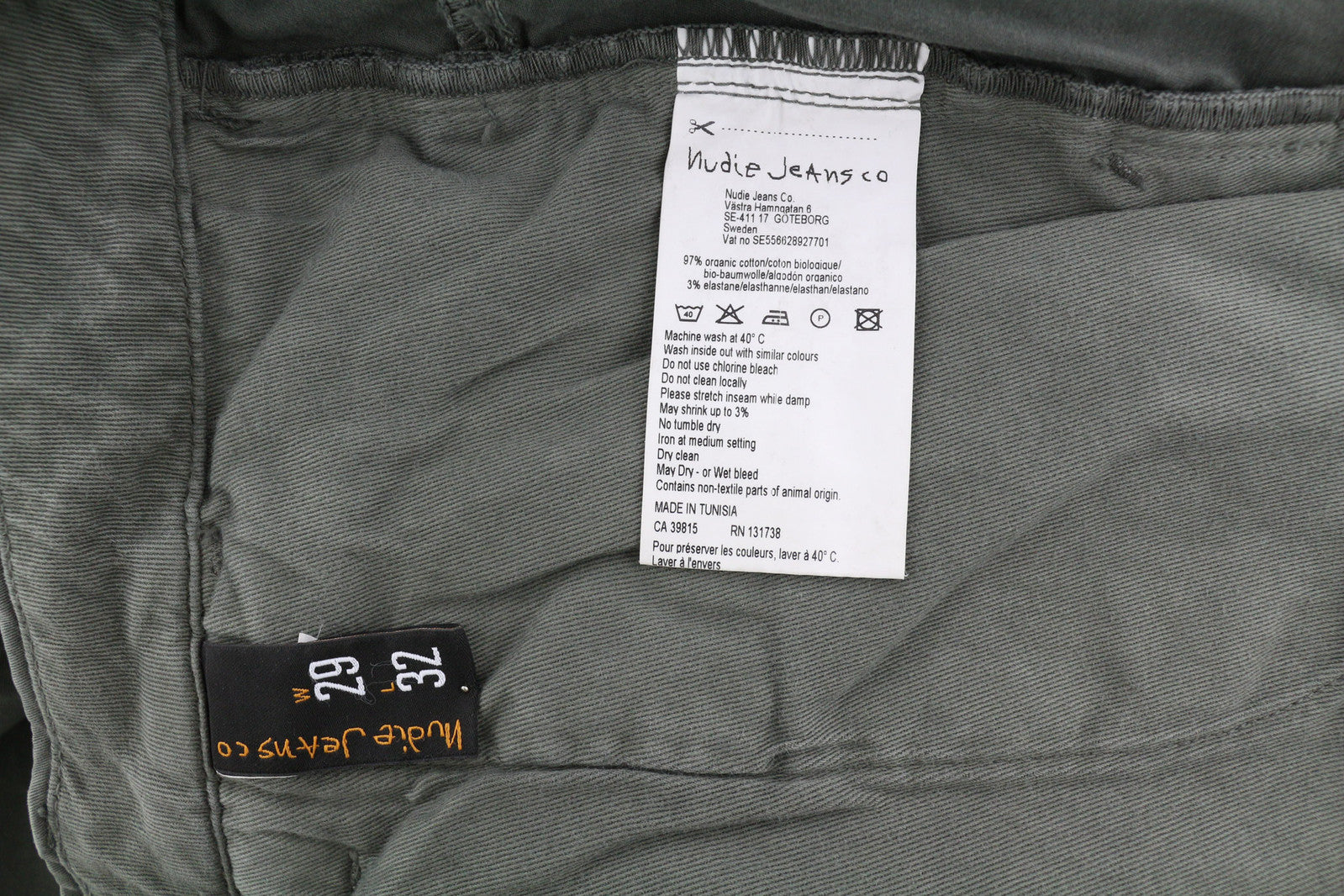 NUDIE JEANS Khaki Slim Men Trousers W29/L32 Shadow Wash Organic Zipper Chino Mid