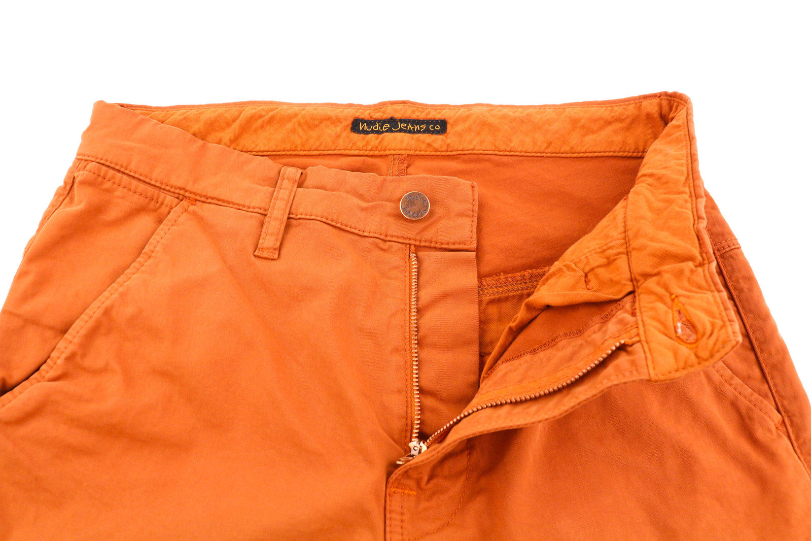 NUDIE JEANS Khaki Slim Men Trousers W28/L30 Organic Warm Orange Zip Casual Chino