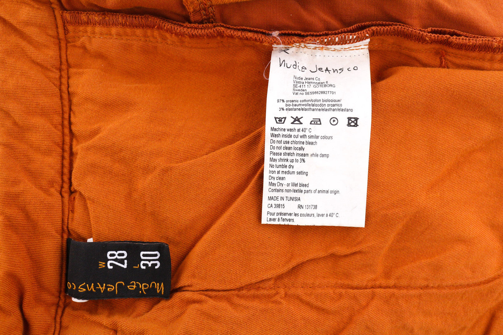 NUDIE JEANS Khaki Slim Men Trousers W28/L30 Organic Warm Orange Zip Casual Chino