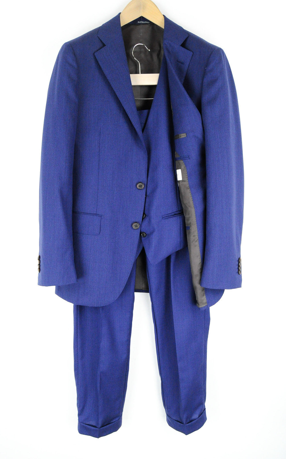 SUITSUPPLY Lazio Men's Blue Suit UK40L Pure Wool Slim 3-Piece Melange Lined