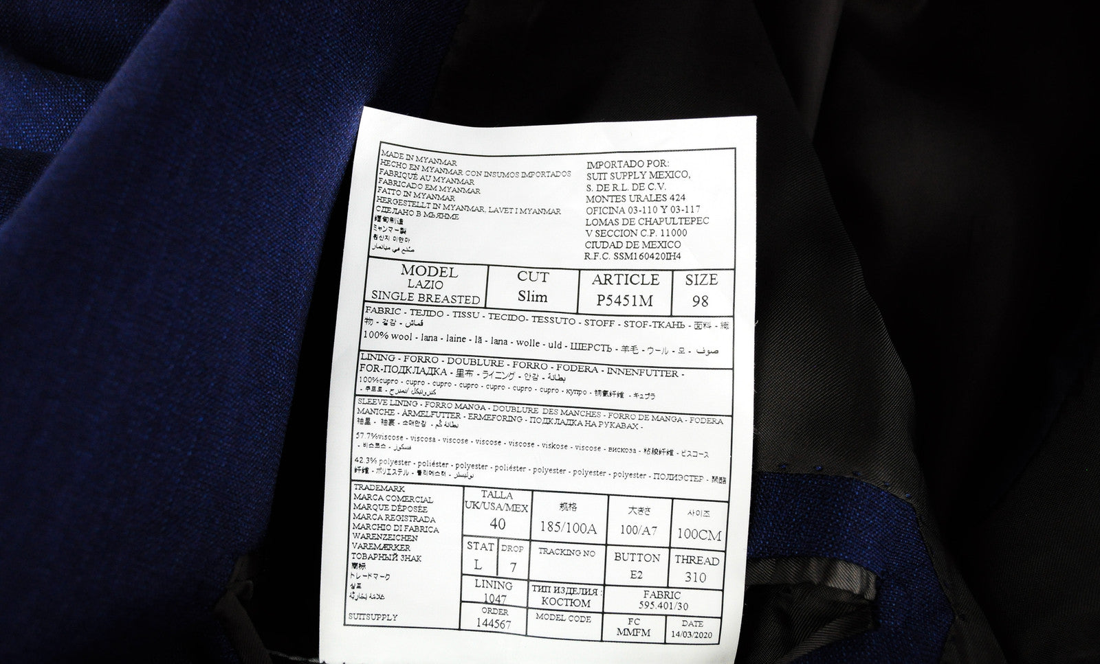 SUITSUPPLY Lazio Men's Blue Suit UK40L Pure Wool Slim 3-Piece Melange Lined