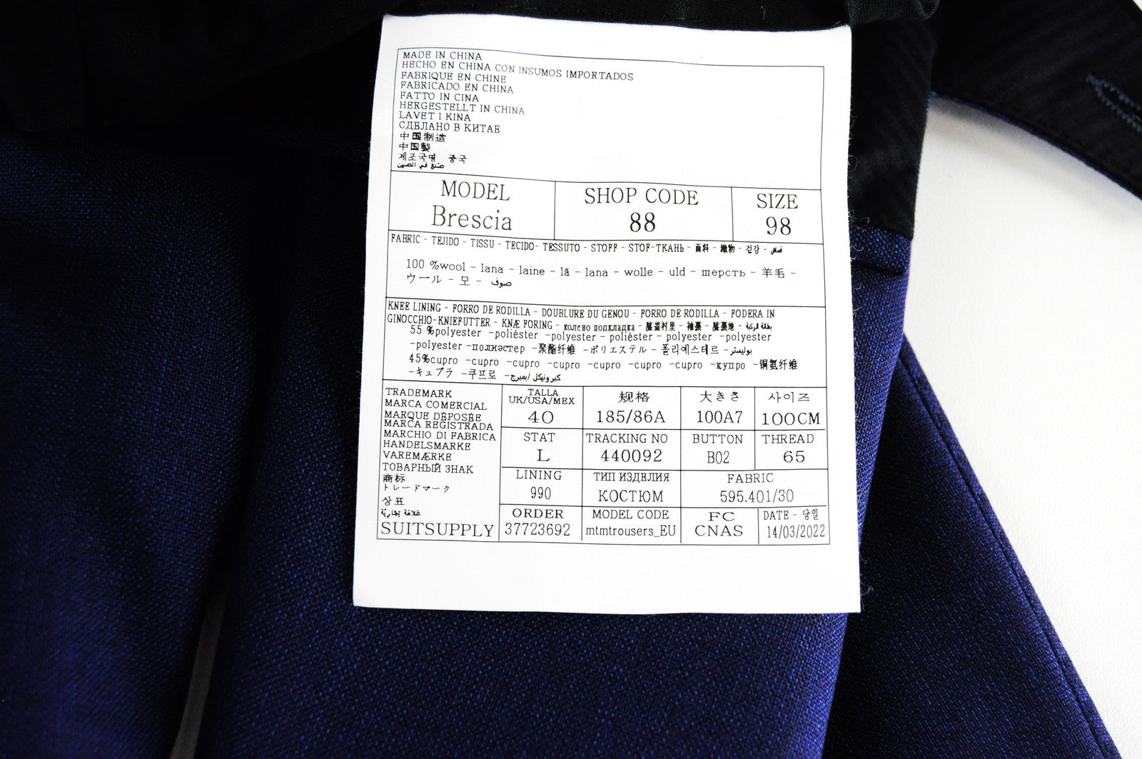 SUITSUPPLY Lazio Men's Blue Suit UK40L Pure Wool Slim 3-Piece Melange Lined