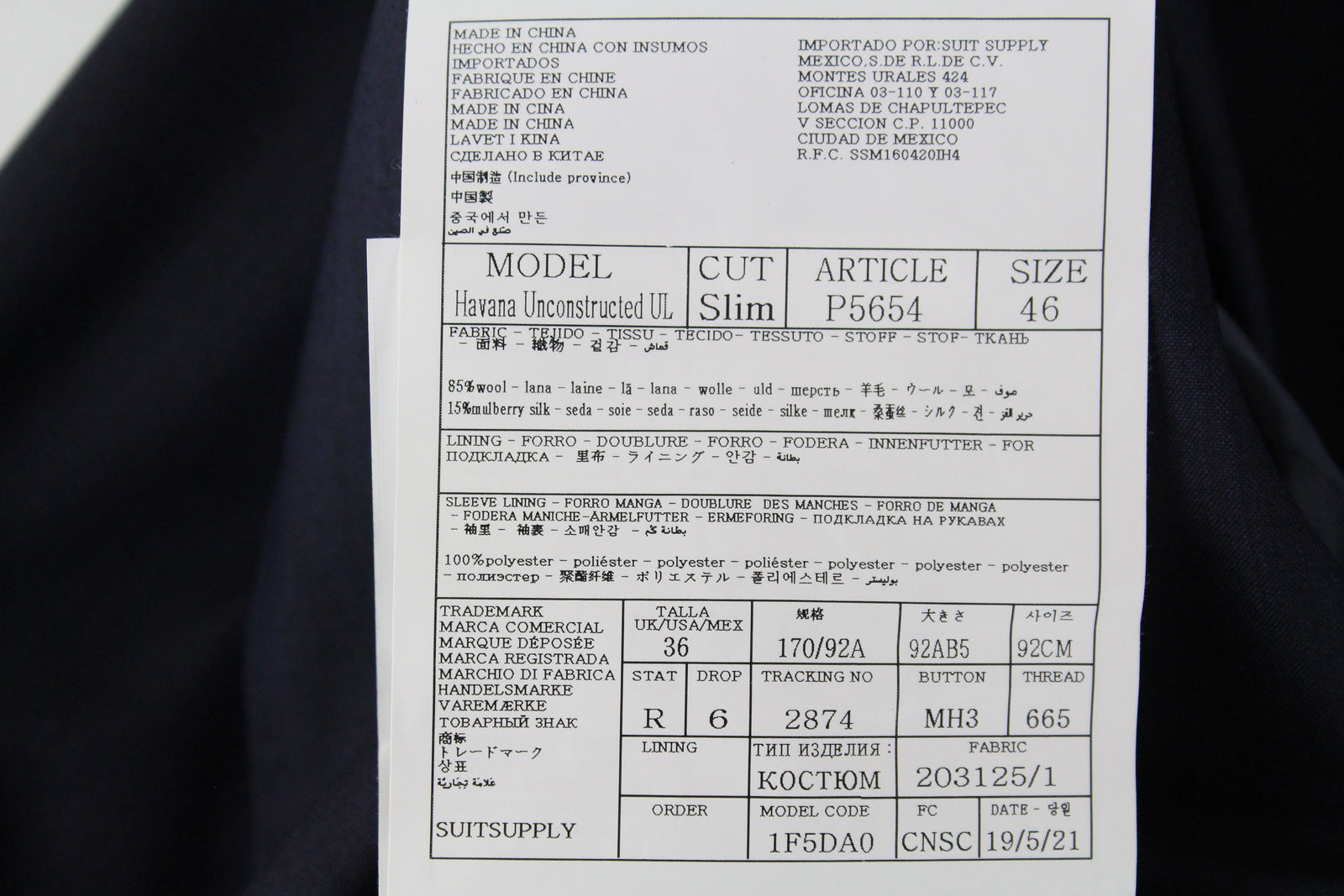 SUITSUPPLY Havana Men's Blue Suit UK36R 2-Piece Unlined Wool Mulberry Silk