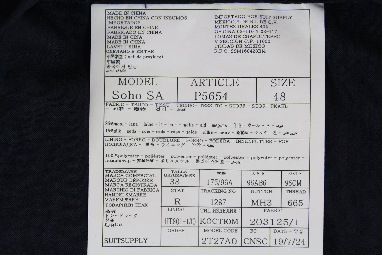 SUITSUPPLY Havana Men's Blue Suit UK36R 2-Piece Unlined Wool Mulberry Silk