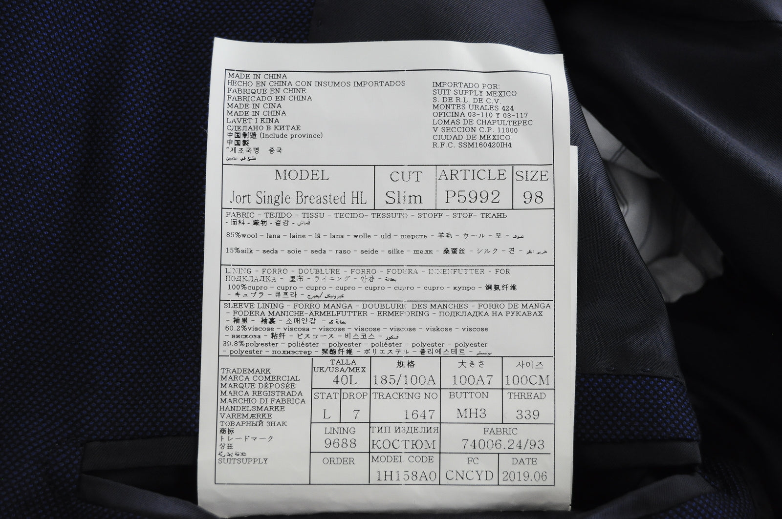 SUITSUPPLY Jort Men's Blue Birdseye Check Wool Silk Blazer UK40L Slim Fit