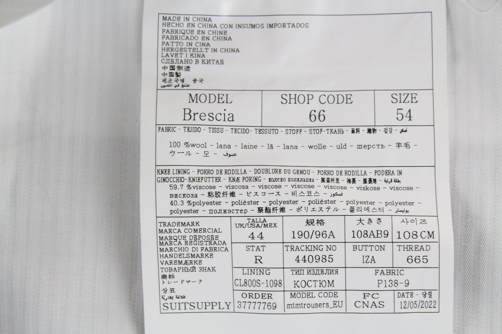 SUITSUPPLY Brescia Men's Navy Wool Trousers UK44R Flat-Front Classic Formal