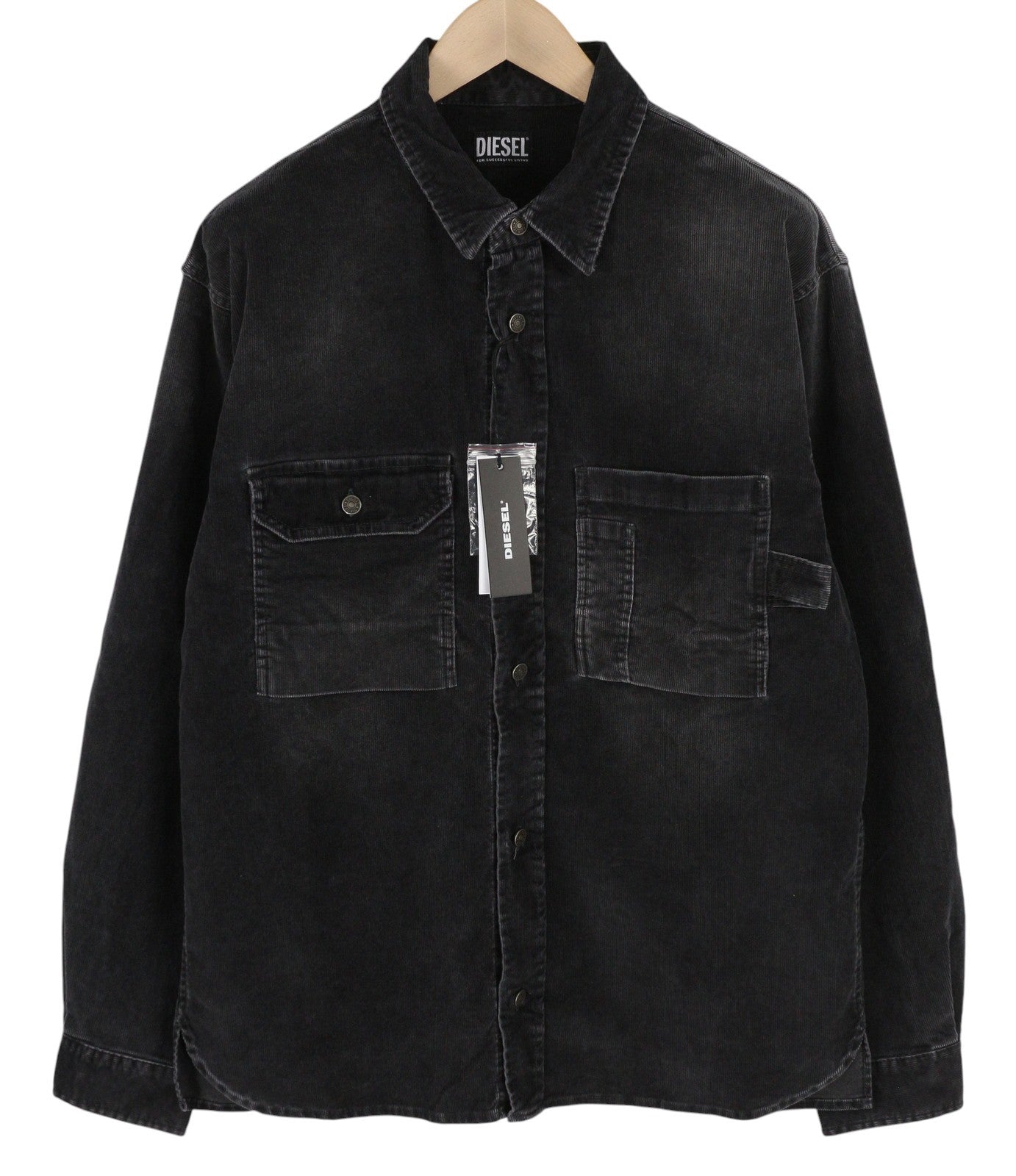 DIESEL S-Bun-Cord Men Shirt L Washed Black Corduroy Thick Spread Snap RRP€175