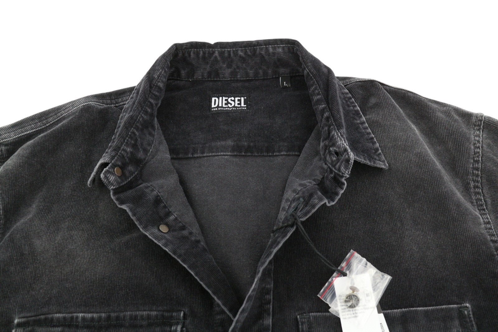 DIESEL S-Bun-Cord Men Shirt L Washed Black Corduroy Thick Spread Snap RRP€175