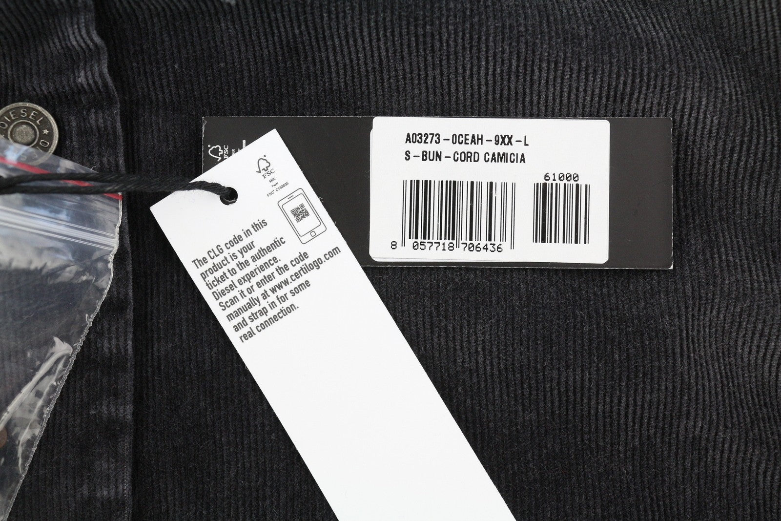 DIESEL S-Bun-Cord Men Shirt L Washed Black Corduroy Thick Spread Snap RRP€175