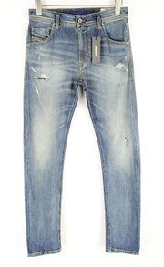 DIESEL Krayver R6ZD4 vyriški mėlyni ploni, plėšyti, tamprūs džinsai W28/L32 skalbti 