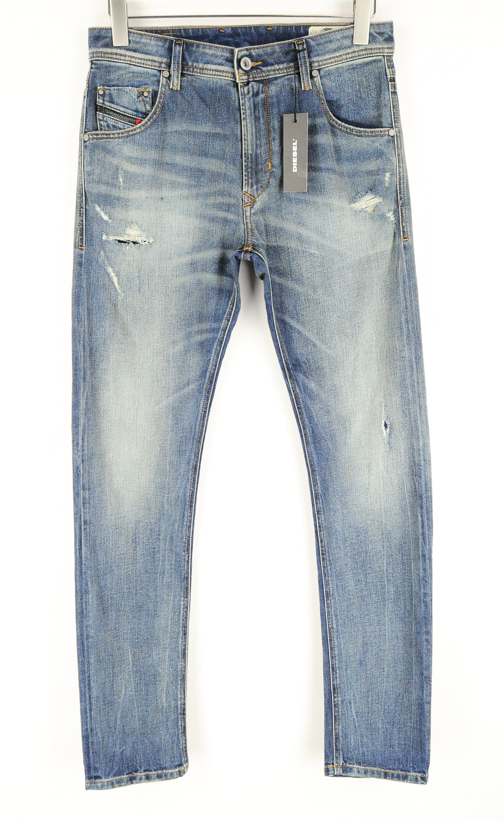 DIESEL Krayver R6ZD4 vyriški mėlyni ploni, plėšyti, tamprūs džinsai W28/L32 skalbti 