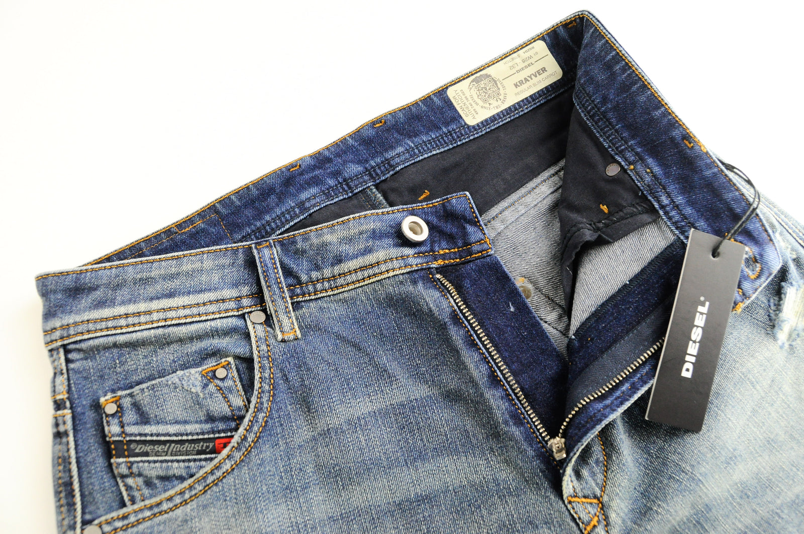 DIESEL Krayver R6ZD4 vyriški mėlyni ploni, plėšyti, tamprūs džinsai W28/L32 skalbti 