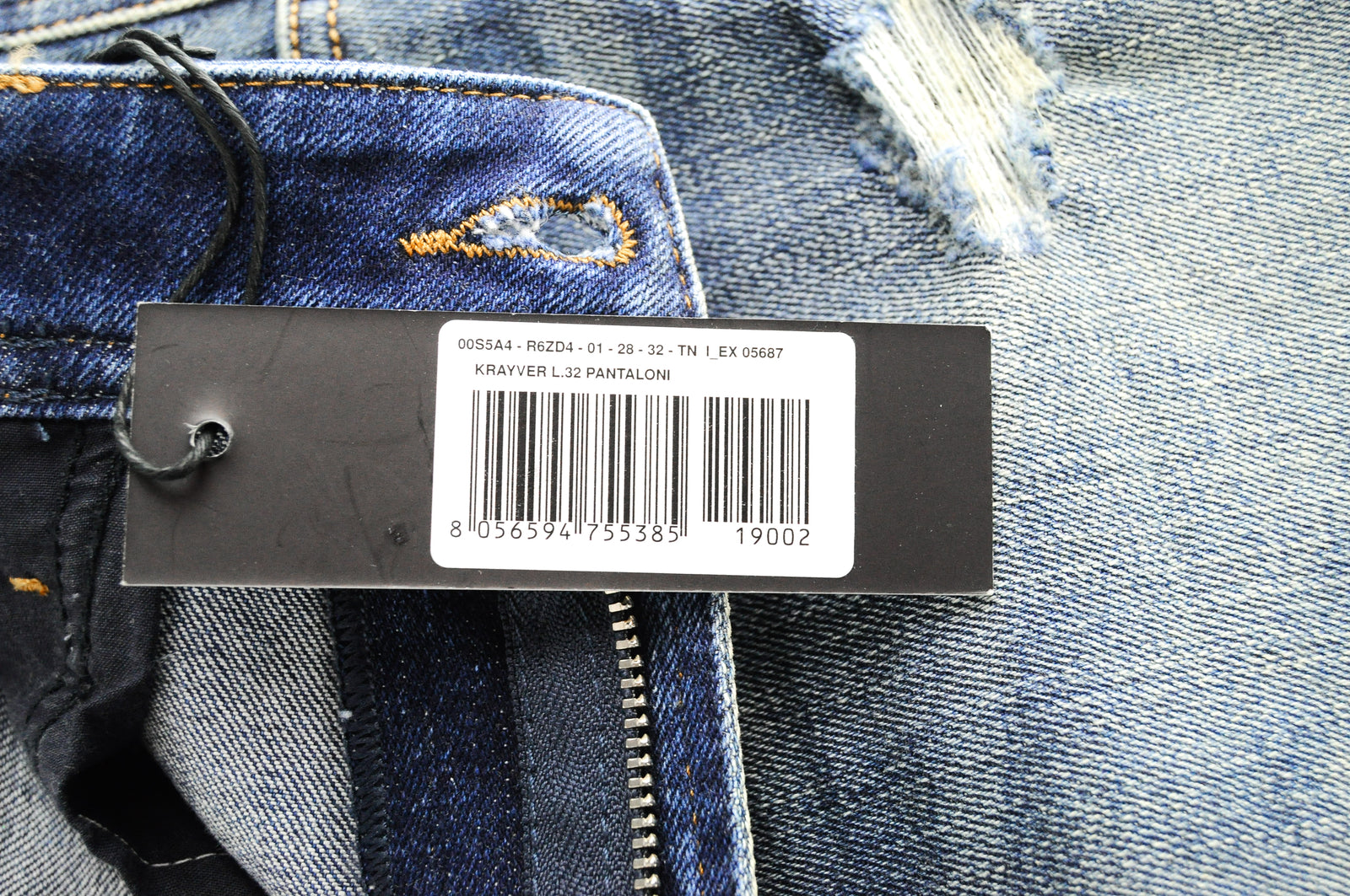 DIESEL Krayver R6ZD4 vyriški mėlyni ploni, plėšyti, tamprūs džinsai W28/L32 skalbti 