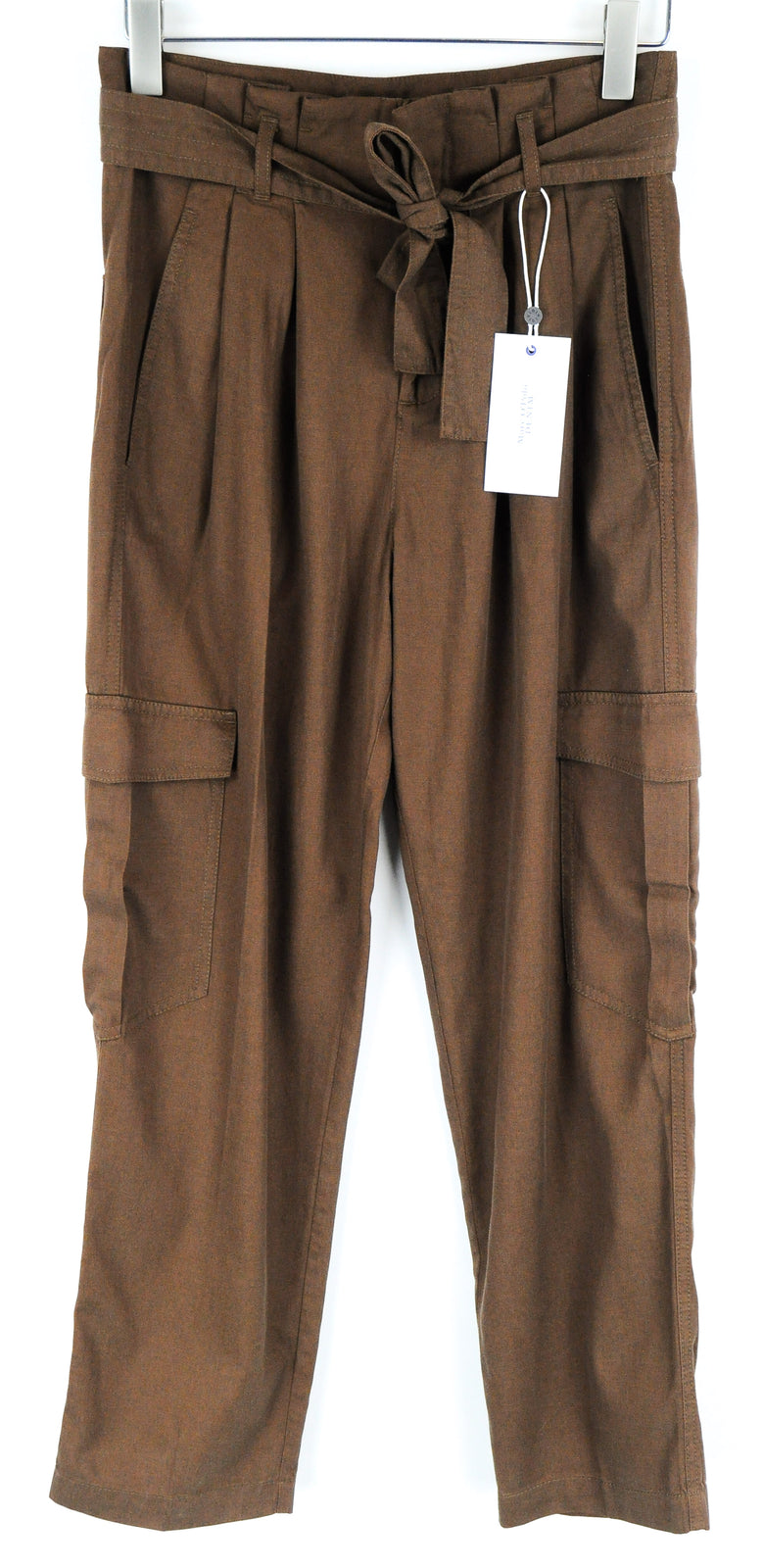 MARC O'POLO Women Trousers W28 Brown Cotton Blend Pleated Belted Multi Pocket