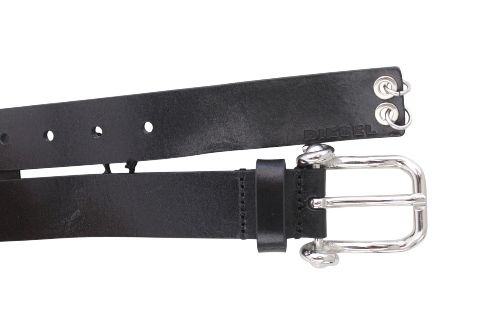 DIESEL B-Pirsin Men Belt 105 CM Black Leather Silver Tone Buckle Leather Casual