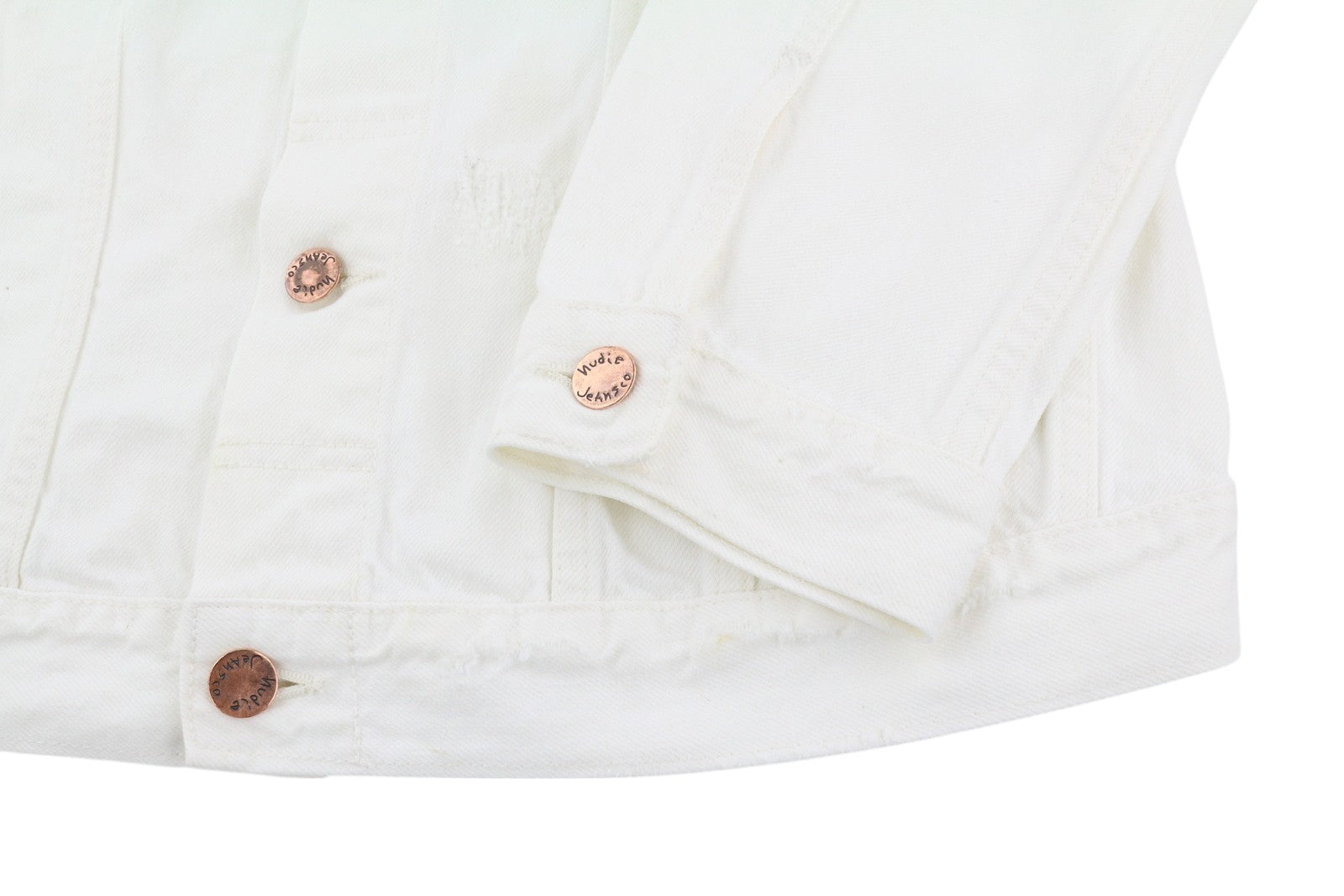 NUDIE JEANS Billy Men Jacket L Pitch White Worn Denim Buttoned Neck Logo