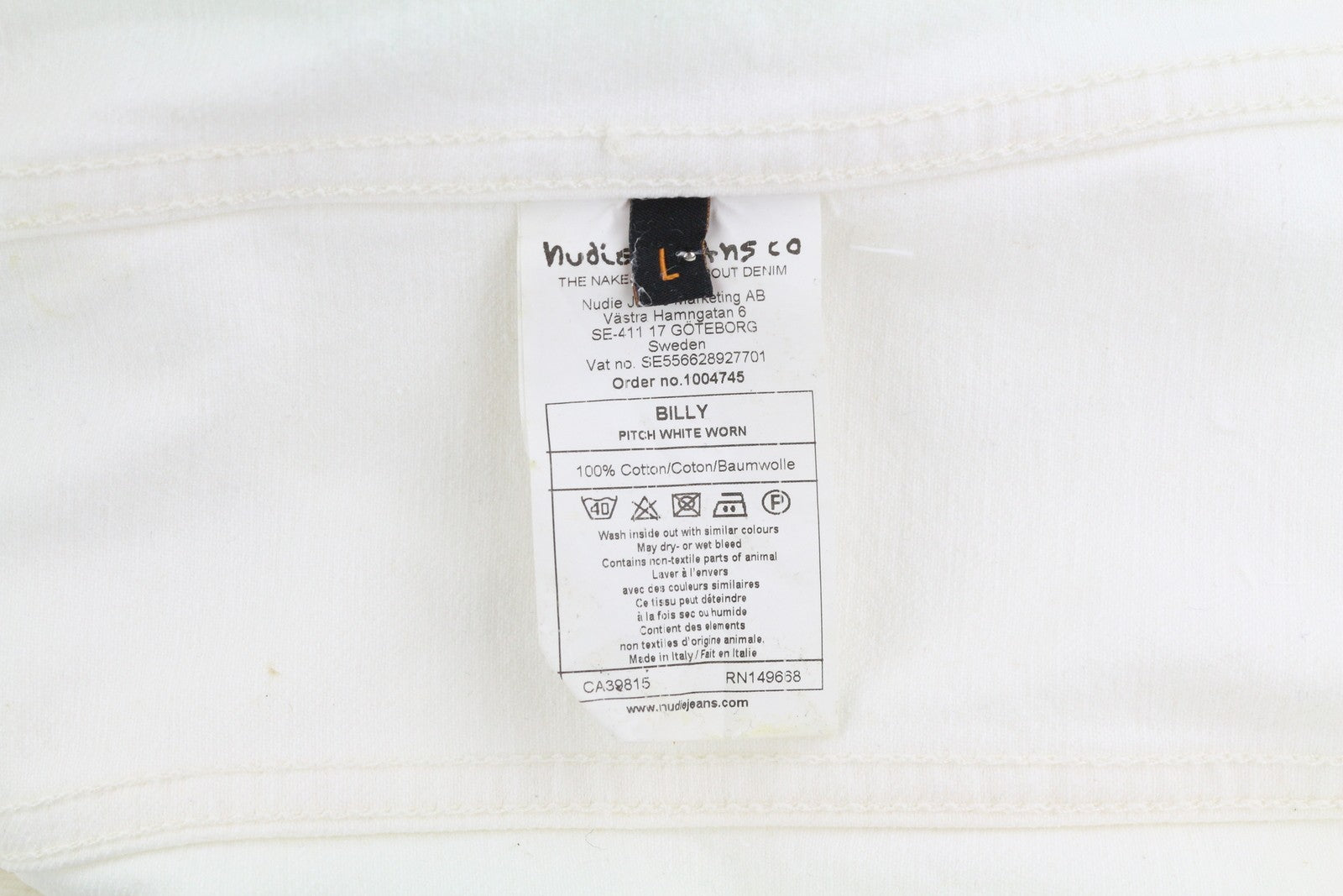 NUDIE JEANS Billy Men Jacket L Pitch White Worn Denim Buttoned Neck Logo