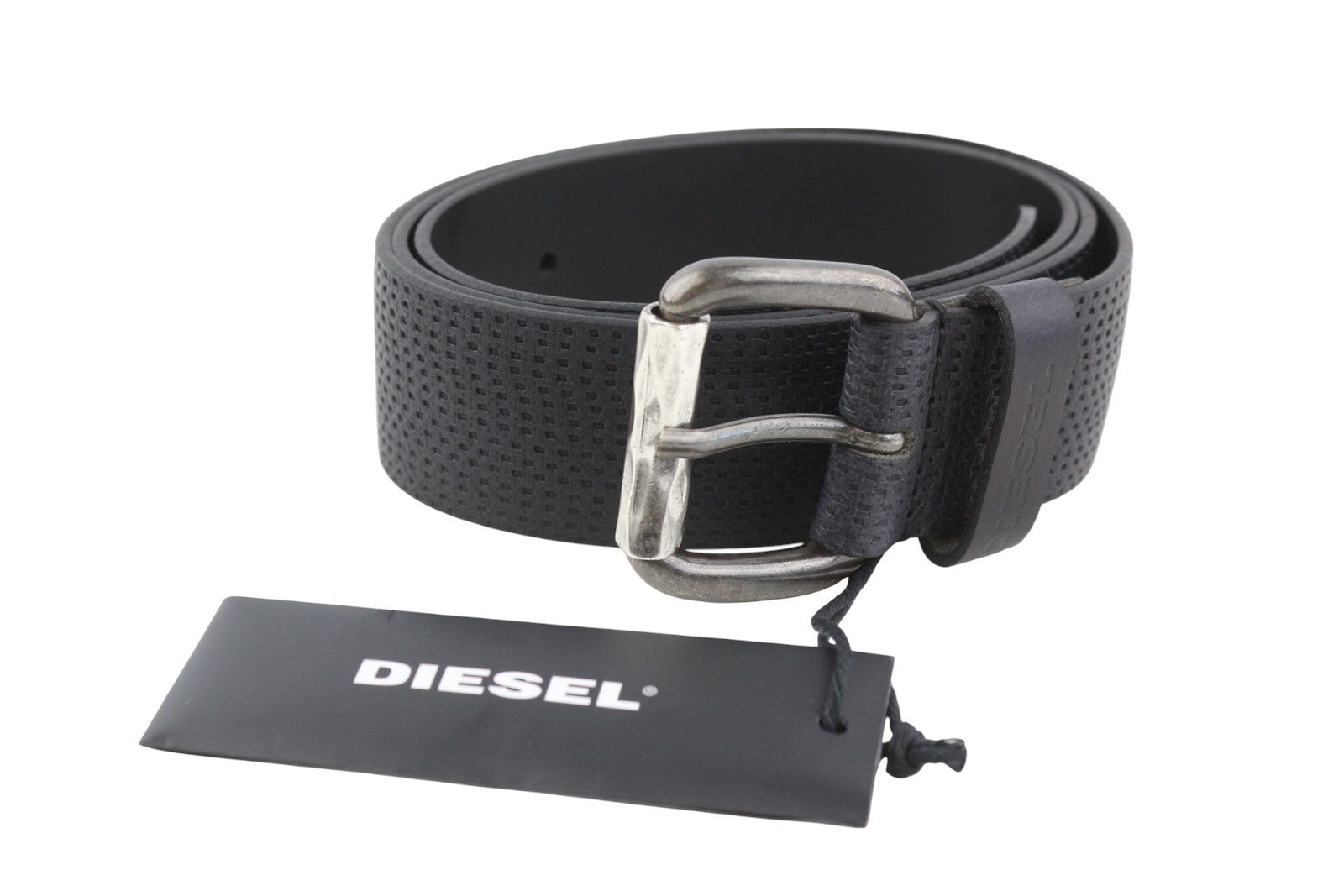 DIESEL B-Rolly Men Belt 100 CM Black Textured Leather Silver Tone Buckle Closure