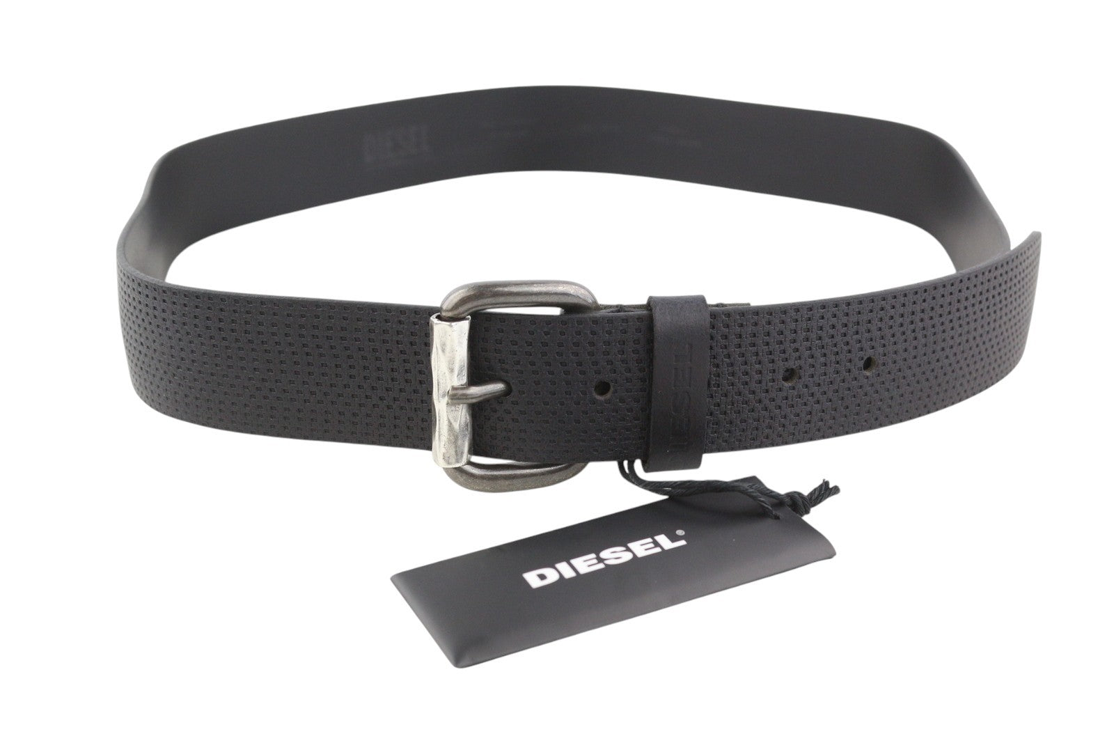 DIESEL B-Rolly Men Belt 100 CM Black Textured Leather Silver Tone Buckle Closure