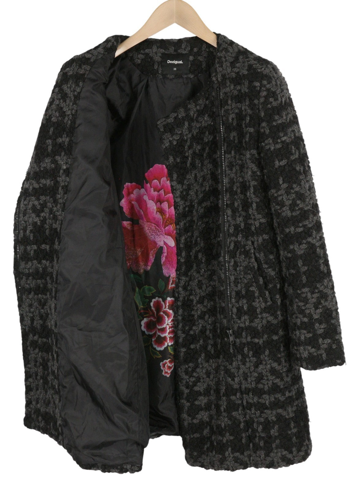 DESIGUAL Women Coat EU38 Full Zip Wool Blend Crew Neck Patterned Mid-Length