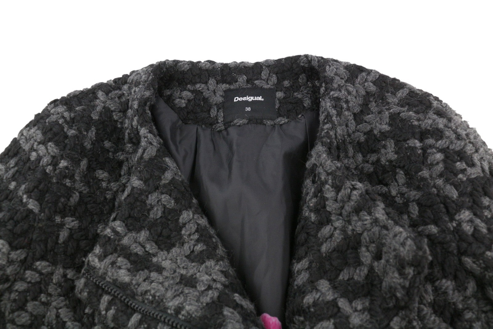 DESIGUAL Women Coat EU38 Full Zip Wool Blend Crew Neck Patterned Mid-Length