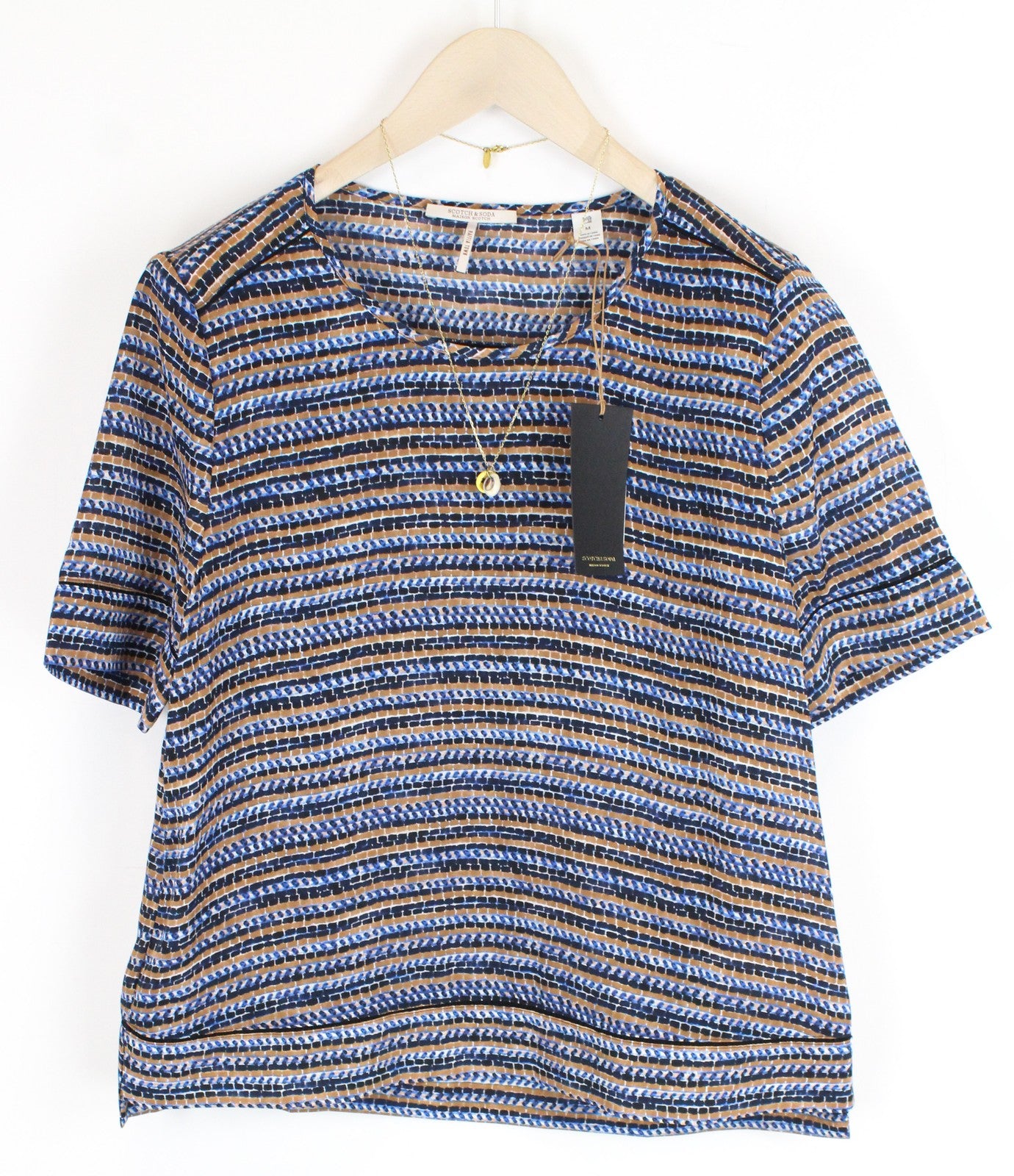 MAISON SCOTCH Womens T-Shirt M Blue Brown Patterned Short Sleeved Round Neck