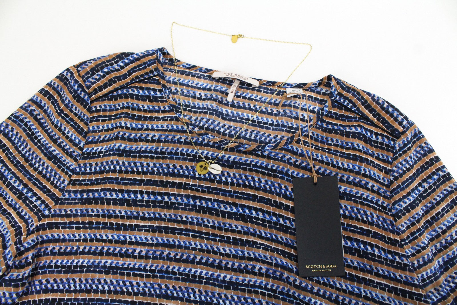 MAISON SCOTCH Womens T-Shirt M Blue Brown Patterned Short Sleeved Round Neck