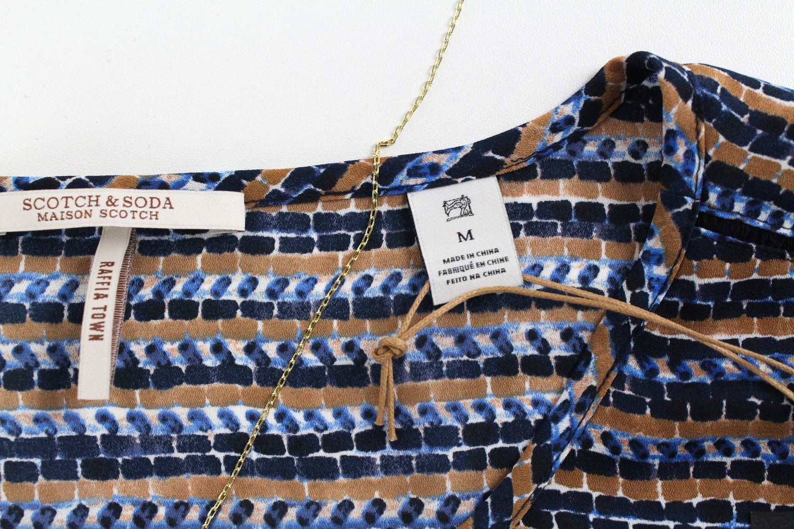 MAISON SCOTCH Womens T-Shirt M Blue Brown Patterned Short Sleeved Round Neck