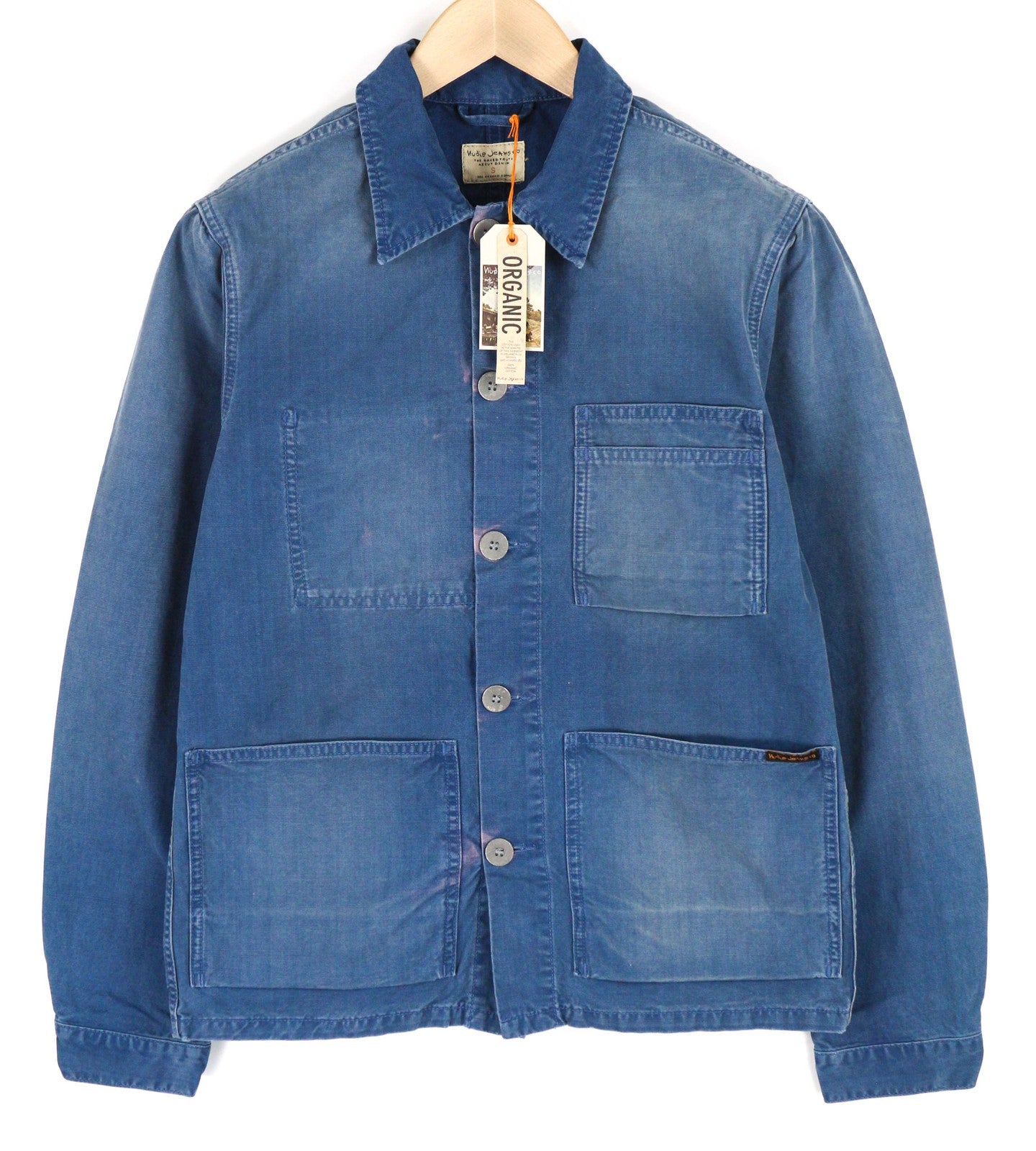 NUDIE Paul Mens Jacket S Worker Oden Blue Washed Buttoned Neck Unlined